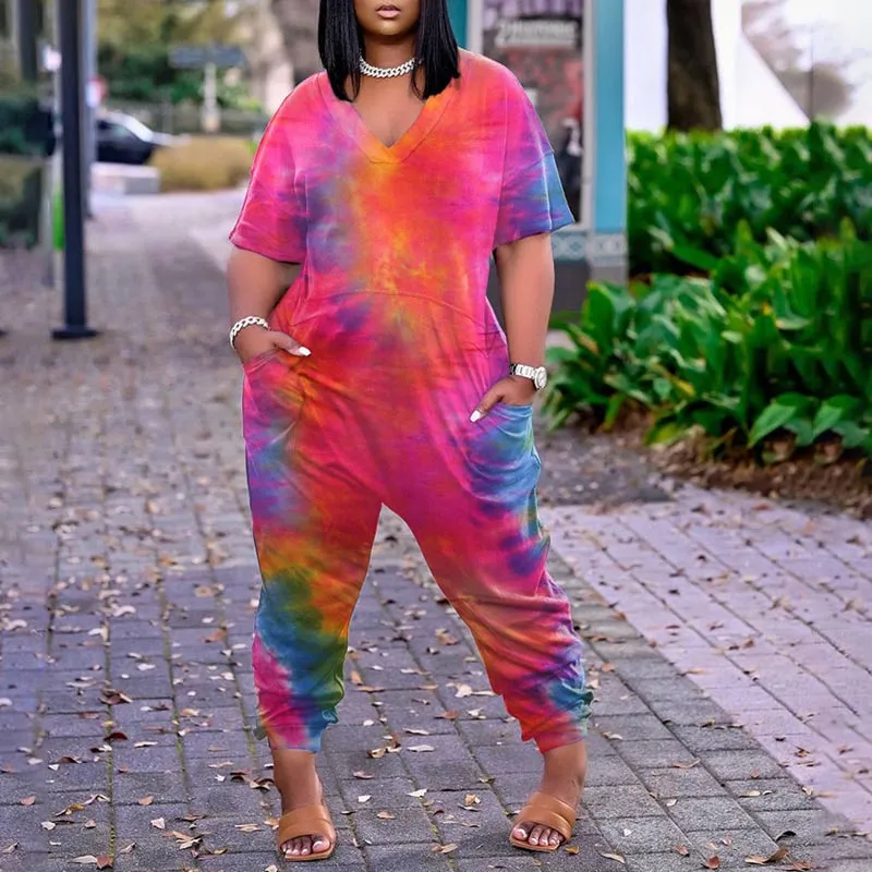 Tie Dye Print Short Sleeve Casual Jumpsuit