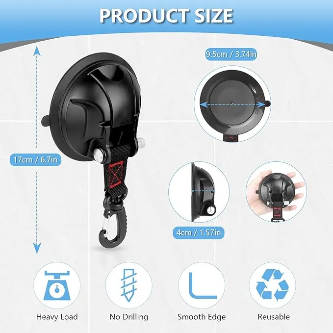Vashly 2Pcs Upgraded Suction Cup Hooks,Heavy Duty Suction Cups with 360 °rotatable Hooks,Strong Vacuum Suction Cups with Hooks for Shower Wall,Car Awning Boat Camping Window Glass