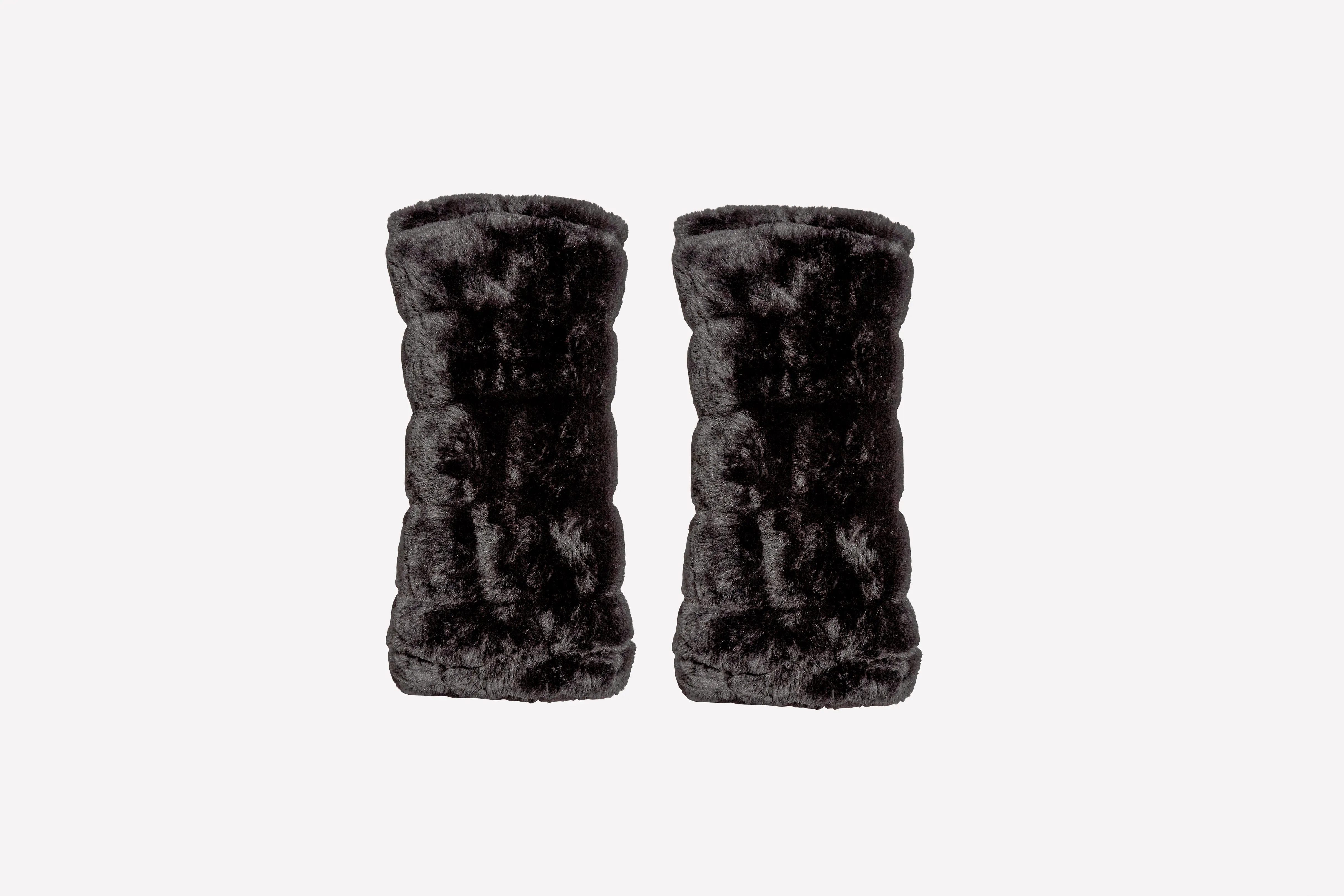 warmth black reversible puffer fabric & faux fur leg warmers
