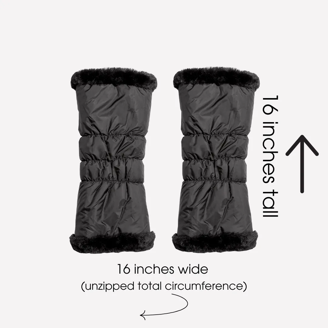 warmth black reversible puffer fabric & faux fur leg warmers