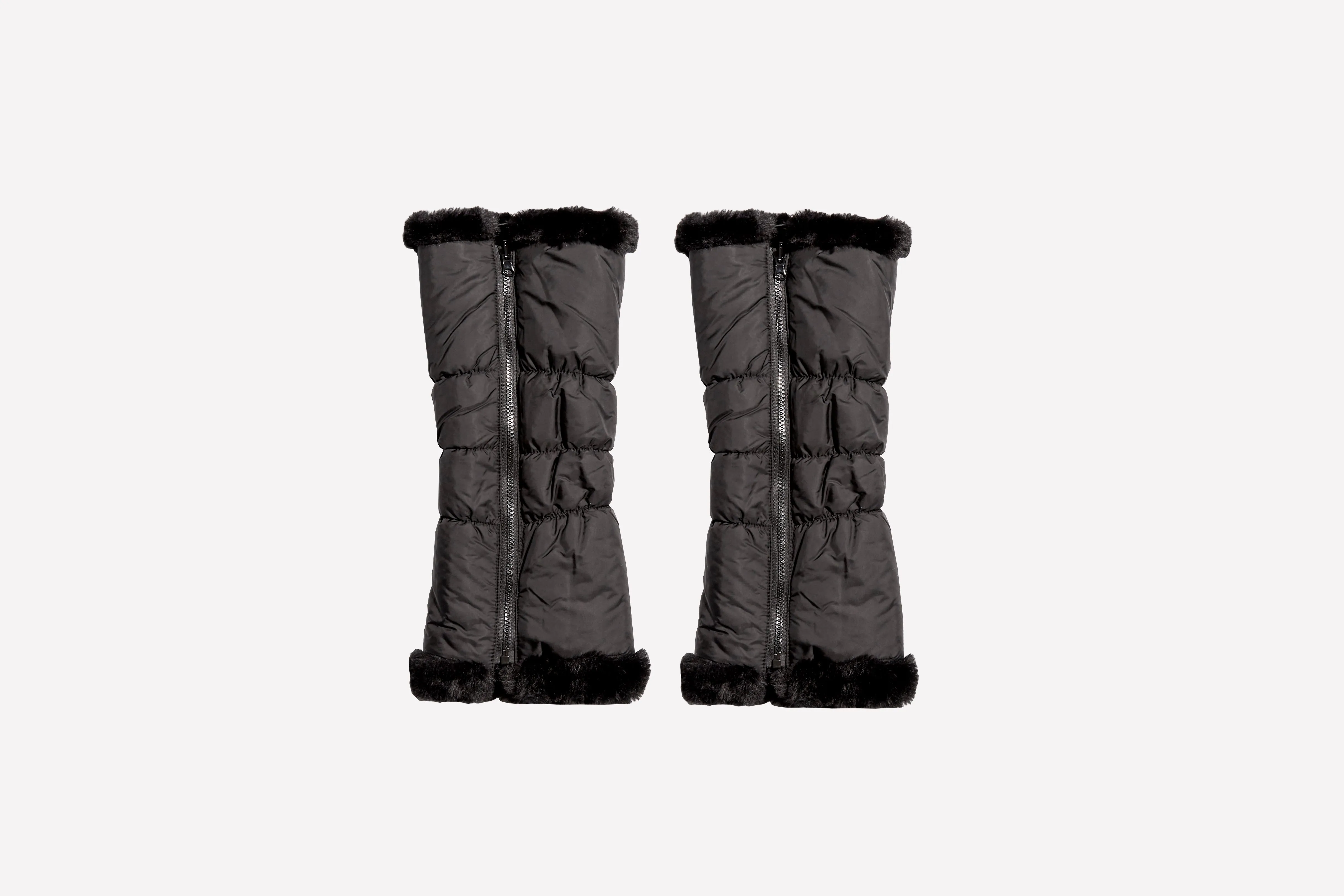 warmth black reversible puffer fabric & faux fur leg warmers