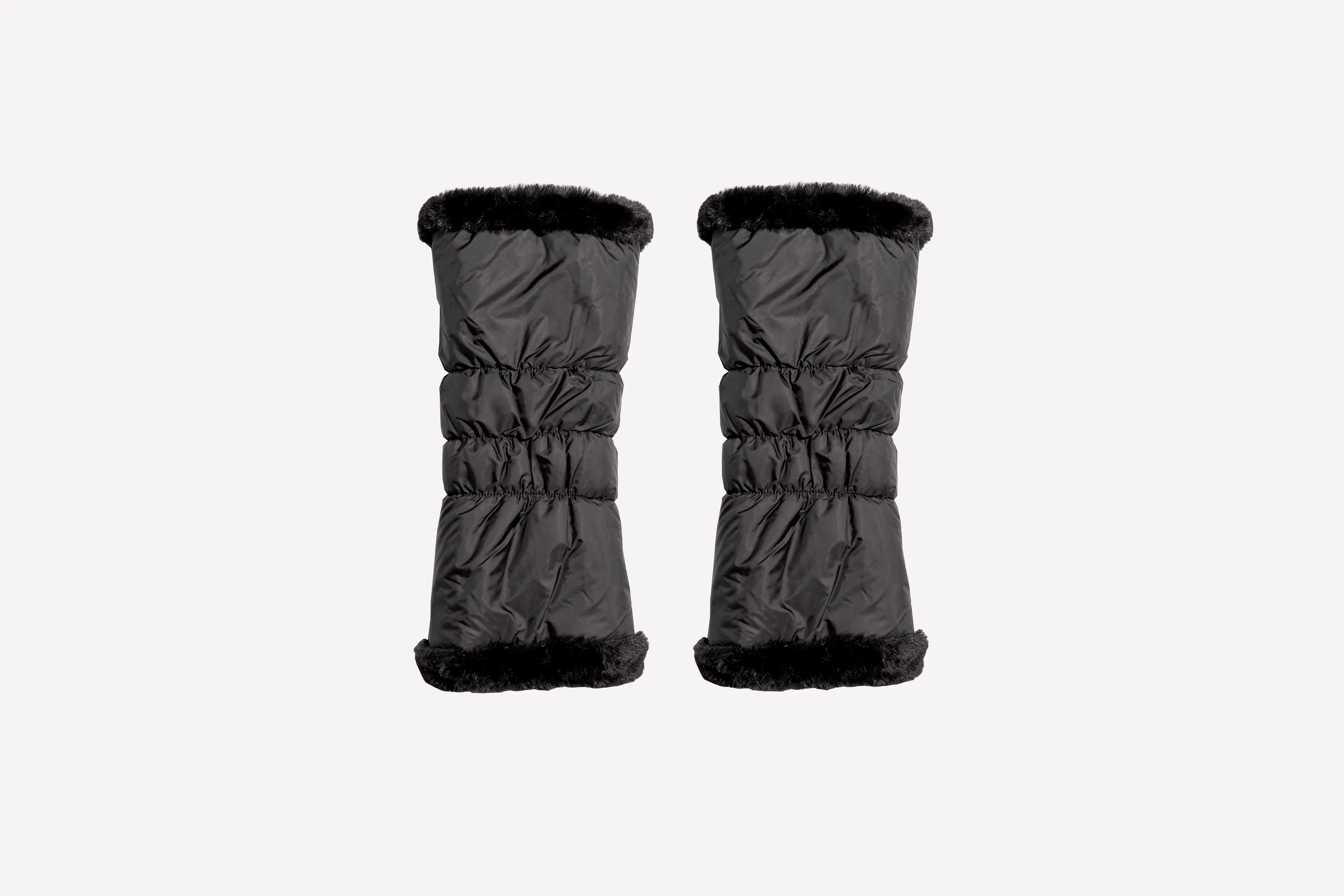 warmth black reversible puffer fabric & faux fur leg warmers