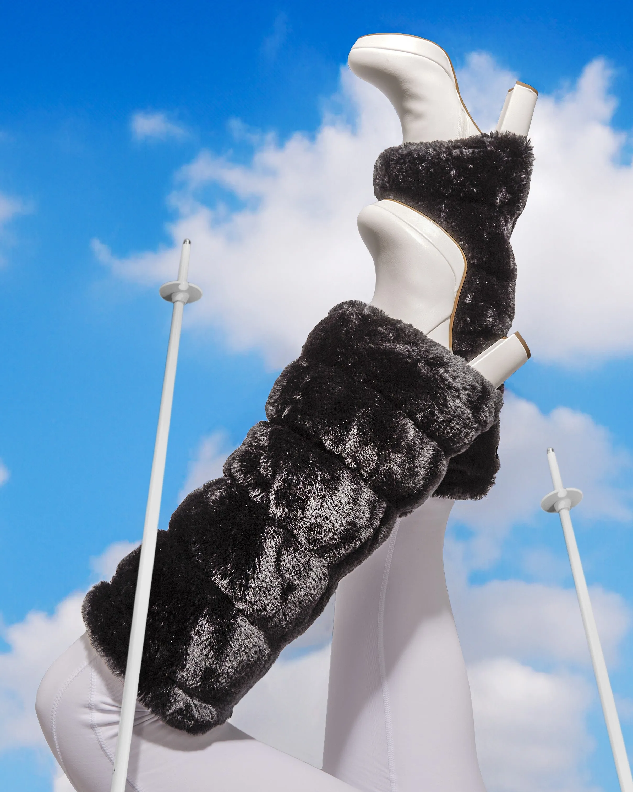 warmth black reversible puffer fabric & faux fur leg warmers