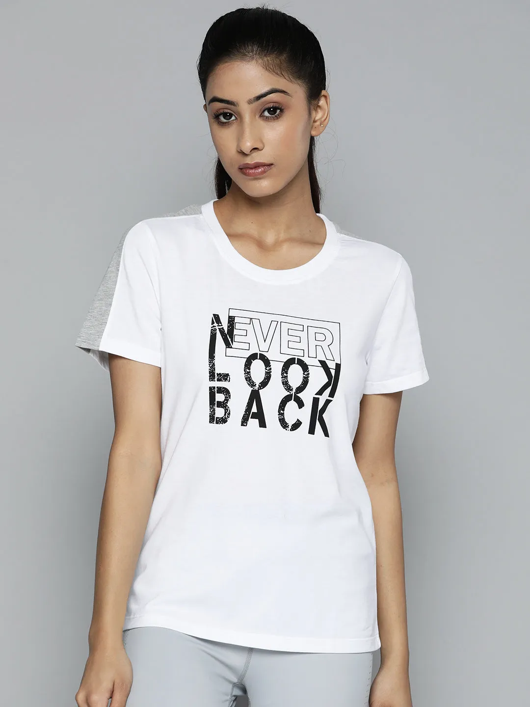 Women White & Black Typography Printed Slim Fit Training or Gym T-shirt
